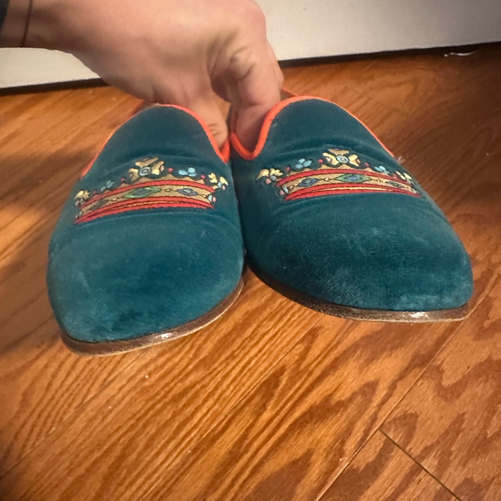 Stubbs & Wootton Crown Loafers - Teal with Orange Trim - Picture 3 of 6
